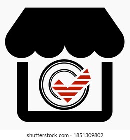 OK and shop icon. Proof of purchase. Good supermarket icon. Best product icon. Vector icon.
