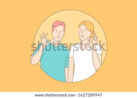 Ok sign, approval concept. Delighted contented man and woman are showing ok sign. Happy cheerful boy and girl approve action. Smiling merry teenagers joyfully show endorcement. Simple flat vector