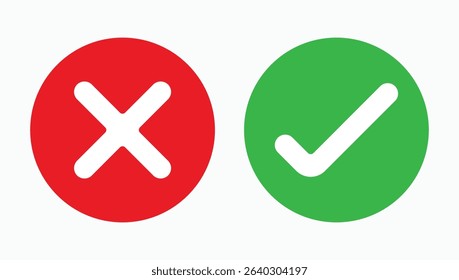 Ok sign and Cancel sign, checkmark, crossmark, green tick mark, and red cross mark, Yes and No buttons, right symbols and wrong symbols, correct and wrong icons. vector illustrations isolated