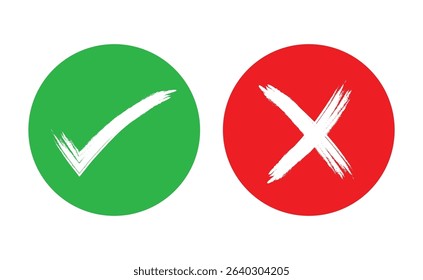 Ok sign and Cancel sign, checkmark, crossmark, green tick mark, and red cross mark, Yes and No buttons, right symbols and wrong symbols, correct and wrong icons. vector illustrations isolated