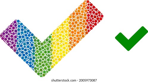 OK sign collage icon of circle spots in different sizes and rainbow colored color hues. A dotted LGBT-colored OK sign for lesbians, gays, bisexuals, and transgenders. Vector icon in LGBT flag colors.
