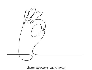 Ok sign. Continuous line. Hand showing okay isolated on white background. 