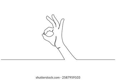 Ok sign. Continuous line. Hand showing okay isolated on white background, One line drawing of hand showing OK gesture. Contour hand drawn single lineart.