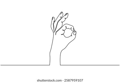 Ok sign. Continuous line. Hand showing okay isolated on white background, One line drawing of hand showing OK gesture. Contour hand drawn single lineart.