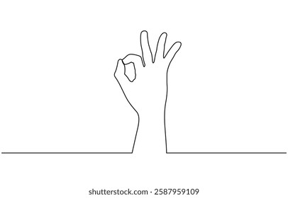 Ok sign. Continuous line. Hand showing okay isolated on white background, One line drawing of hand showing OK gesture. Contour hand drawn single lineart.