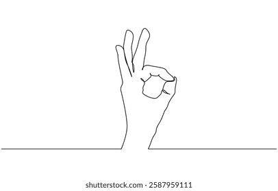 Ok sign. Continuous line. Hand showing okay isolated on white background, One line drawing of hand showing OK gesture. Contour hand drawn single lineart.