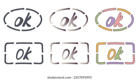 Ok sign frame set, speech bubbles graphics. Hand drawn paint brush strokes, cartoon doodle style design. Black, gradient grey, 70s colorful palette.  Vector web illustration