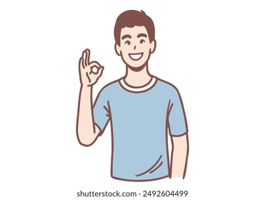 Ok sign and gesture language concept. Young smiling man cartoon character standing showing ok sign. Hand drawn style vector design illustrations.
