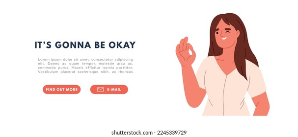 Ok sign and good gesture language concept. Happy woman showing zero. All be okay. Flat vector illustration