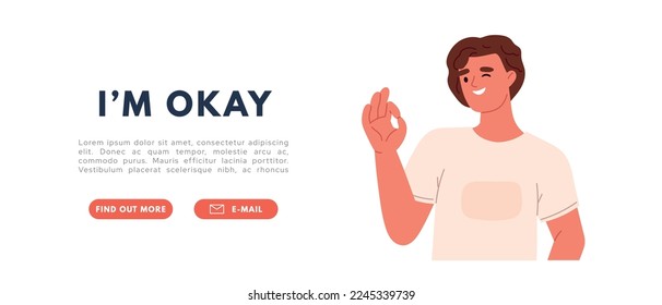 Ok sign and good gesture language concept. Happy man showing zero. im okay banner. Flat vector illustration