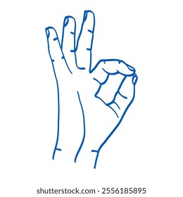 Ok sign. Hand gesture vector sketch illustration. Index, middle, ring, little fingers and thumb