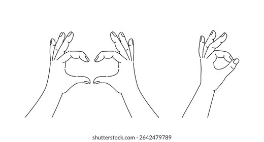 Sinal de OK e sinal de coração em gestos de mão conjunto de desenho de linha minimalista.