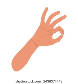 OK sign. Human okay hand sign isolated on white background. Hand drawn Hand gesture OK in Cartoon style. Design of approval emoji for social media message. Success and achievement of goal