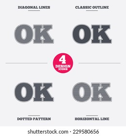 Ok sign icon. Positive check symbol. Diagonal and horizontal lines, classic outline, dotted texture. Pattern design icons.  Vector