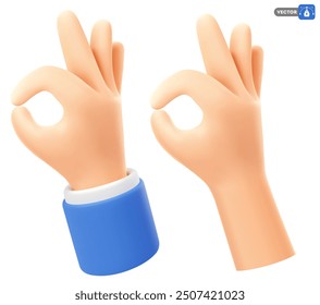 Ok signo conjunto de iconos, gesto de acuerdo. Mano con la manga azul y la mano simple muestra el signo aceptable. Ilustración vectorial