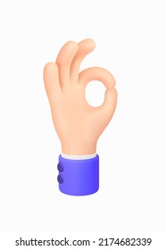 Ok Sign. Okey - Hand Gesture. 3d Cartoon Character Hand in a blue jacket with a white shirt. Icon for Apps, Web, T-shirts, Advertising, Posters etc. isolated on white. 3D Render Vector Illustration