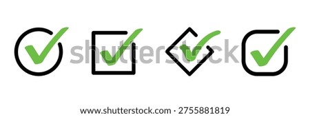 OK sign vector illustration on a white background. Check box icon with correct, accept checkmark icons tick box checked. Approve symbol. Check mark icon vector design. Green and black check mark icon.