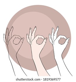 Ok sign Yes Hand sign set. Okay Light skin and Black on white hands Okey hand silhouette. All right fingers Vector Woman hand. Female wrist.  