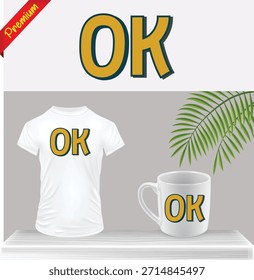 "Ok" impresión gráfica de tipografía de texto simple en camiseta, taza y Anuncio. Aprobación minimalista, confirmación y maqueta de Mercancía de Estado aislada sobre fondo transparente.