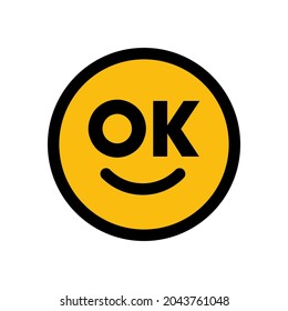 Ok With Smile Emoticon Simple Design, Smile Happy Face With OK Letter Sticker Icon And Logo Illustration 