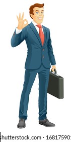 OK! Smiling businessman show a okay hand sign. Vector illustration.