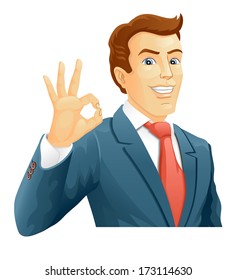 OK! Smiling businessman show a okay hand sign. Vector illustration.