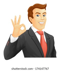 OK! Smiling businessman show a okay hand sign. Vector illustration.