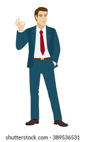 OK! Smiling businessman show a okay hand sign. Businessman holding one hand in his pocket. Vector illustration.