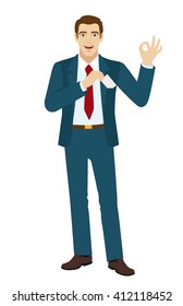 OK! Smiling businessman show a okay hand sign. Businessman puts the business-card in his pocket. Vector illustration.