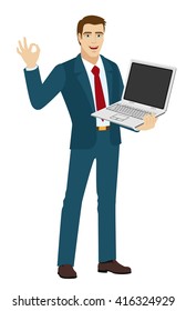 OK! Smiling businessman show a okay hand sign. Businessman holding laptop notebook. Vector illustration.