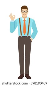 OK! Smiling businessman show a okay hand sign. A man wearing a tie and suspenders. Full length portrait of businessman in a flat style. Vector illustration.