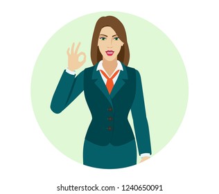OK! Smiling businesswoman show a okay hand sign. Portrait of businesswoman in a flat style. Vector illustration.