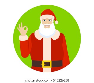 OK! Smiling Santa Claus show a okay hand sign. Portrait of Santa Claus in a flat style. Vector illustration. 