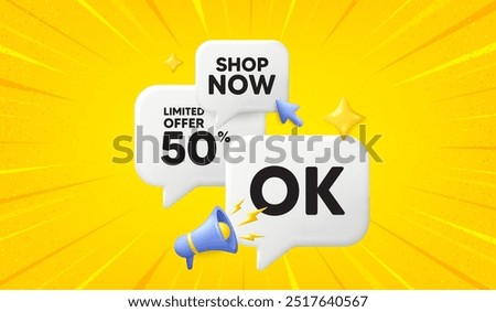OK text tag. 3d offer chat speech bubbles. Approved okay message. Done or Good deal symbol. OK speech bubble 3d message. Talk box megaphone banner. Vector