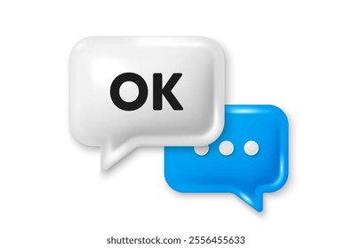 OK text tag. Chat speech bubble 3d icon. Approved okay message. Done or Good deal symbol. OK chat offer. Speech bubble banner. Text box balloon. Vector