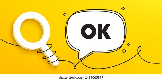 OK text tag. Continuous line chat banner. Approved okay message. Done or Good deal symbol. OK speech bubble message. Wrapped 3d search icon. Vector