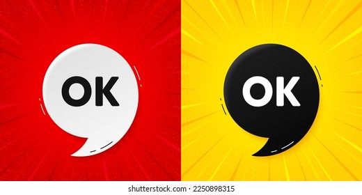 OK Texttag. Flash bietet Banner mit Zitat an. Genehmigte OK-Nachricht. Fertig oder gutes Deal-Symbol. Starburst-Strahlbanner. OK Sprachblase. Vektorgrafik