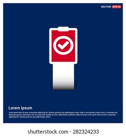 Ok tick Checklist Icon Icon - abstract logo type icon - Red & white sticker icon on blue background. Vector illustration