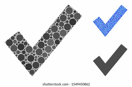 OK tick composition of filled circles in various sizes and color hues, based on OK tick icon. Vector filled circles are combined into blue composition. Dotted OK tick icon in usual and blue versions.