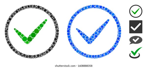OK tick composition of round dots in different sizes and shades, based on OK tick icon. Vector round dots are united into blue composition. Dotted OK tick icon in usual and blue versions.