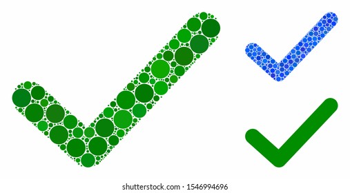 OK tick mosaic of small circles in various sizes and color tints, based on OK tick icon. Vector random circles are grouped into blue mosaic. 