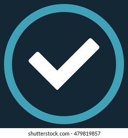 Ok vector bicolor rounded icon. Image style is a flat icon symbol inside a circle, blue and white colors, dark blue background.