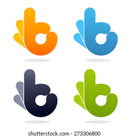 Logotipos vectoriales correctos. Coloridos e inusuales iconos de las manos.