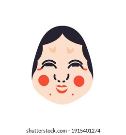 Okame mask isolated vector illustration. Japanese festival design element. Traditional asian culture symbol in cartoon style.
