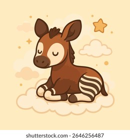 Okapi on the Cloud A whimsical depiction of an okapi resting peacefully on a fluffy cloud amidst a dreamy, celestial backdrop of stars and soft hues.