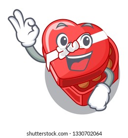 Okay choclate heart box in shape mascot