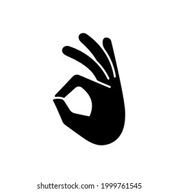 Okay gesture black glyph icon. Sign or ring gesture. Perfect symbol. Circle made from index and thumb. Army gestures. Silhouette symbol on white space. Vector isolated illustration