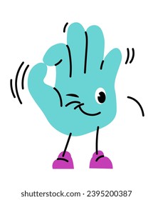 Okay gesture, isolated hand character with positive and smiling winking facial expression. Emoticon or sticker for social media, gesture of approval. Flat cartoon personage, vector in flat style