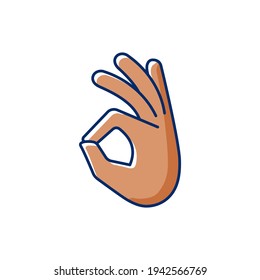 Okay gesture RGB color icon. Sign or ring gesture. Perfect action . Circle made from index and thumb. Images of hands of dark-skinned people. Army gestures. Isolated vector illustration