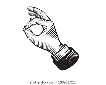 Okay gesture using thumb and index finger. Retro sketch style vector illustration. 